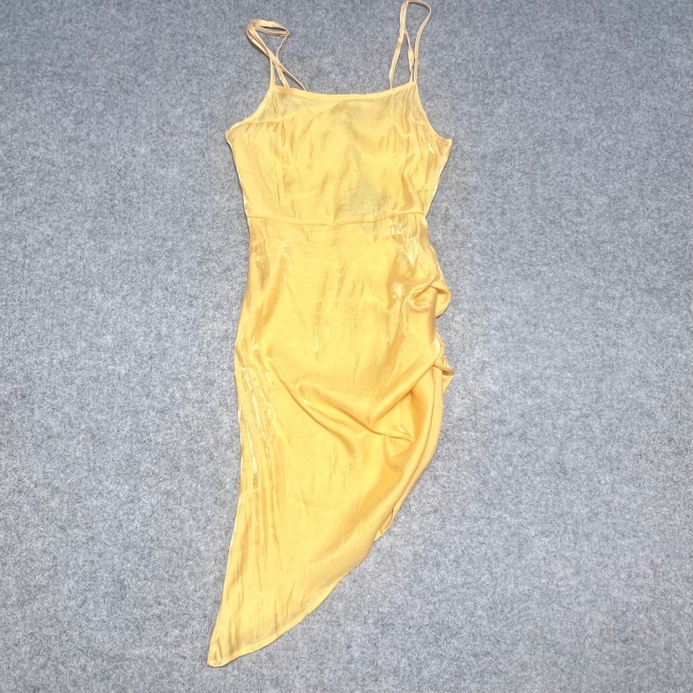 NWT Zaful Yellow Shimmer Asymmetrical Draped Ruffle High Low Dress S